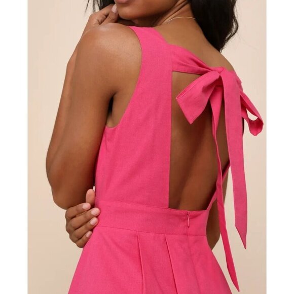 Lulus Blissful Afternoon Hot Pink Linen Tie-Back Midi Dress L Summer Lined - Picture 11 of 13